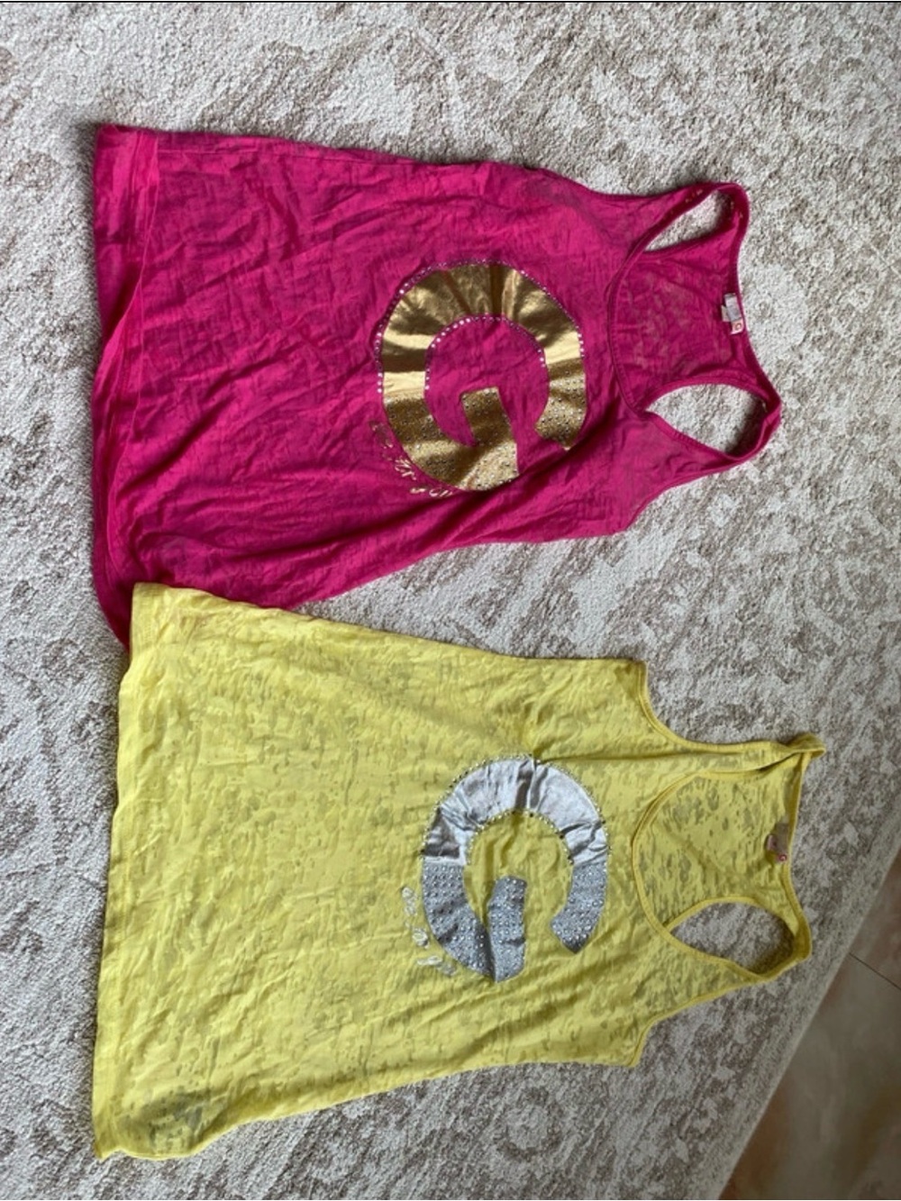 Y2K G by Guess Pink and Yellow Racerback Tank Tops with Metallic Logos y2k